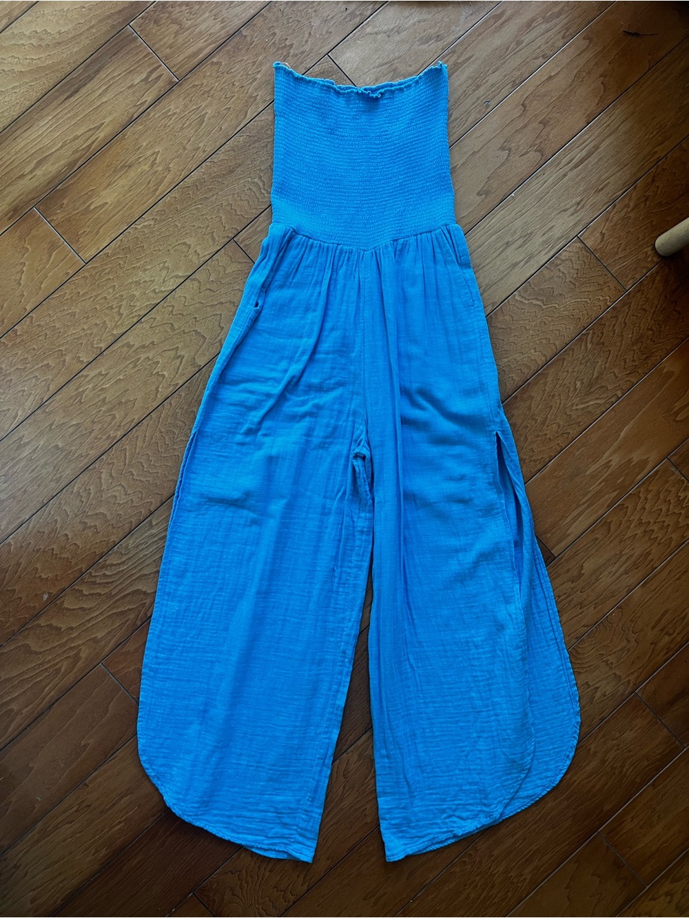 Elan Bright Blue Smocked Strapless Jumpsuit